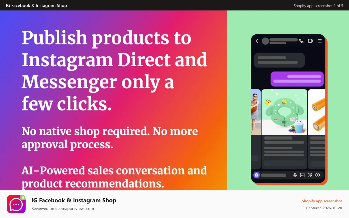 IG Facebook & Instagram Shop Shopify app screenshot: AI-Powered conversation and product recommendations