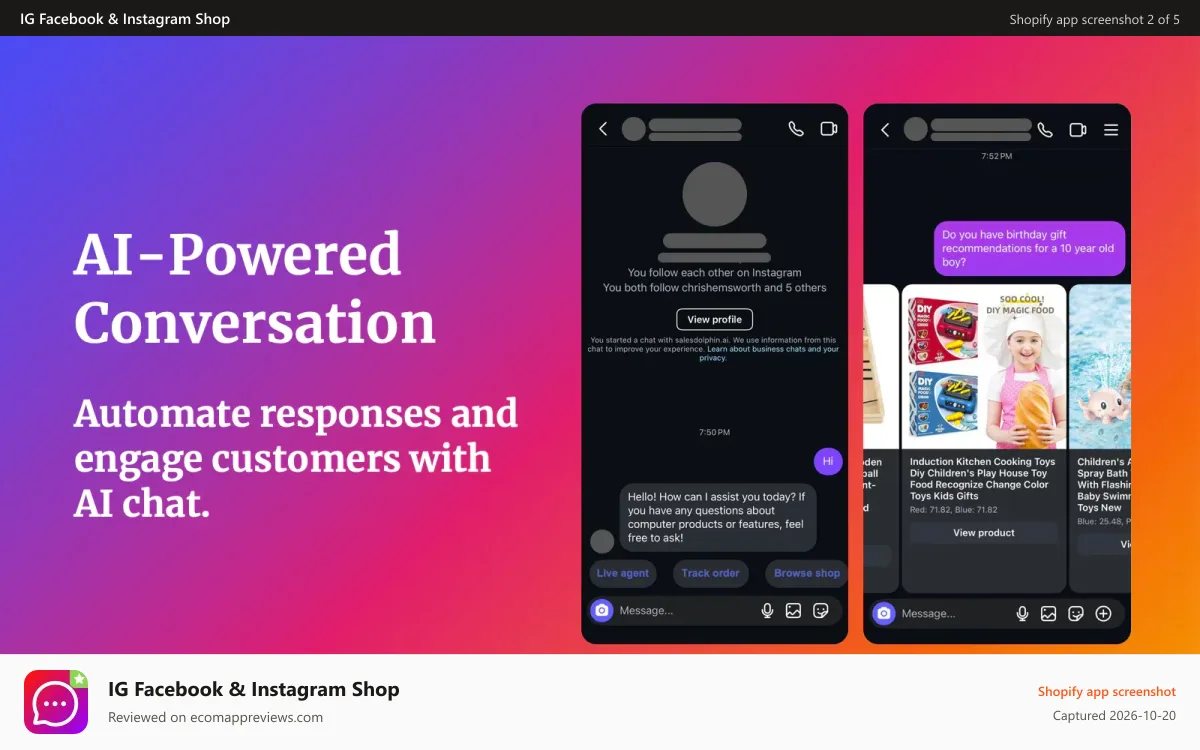 IG Facebook & Instagram Shop Shopify app screenshot: AI-Powered conversation that sells your products