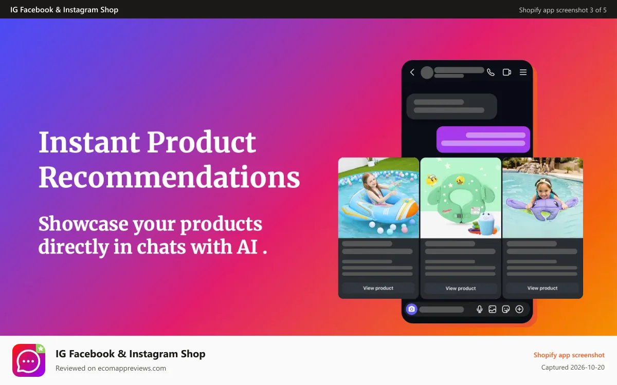 IG Facebook & Instagram Shop Shopify app screenshot: Instant Product Recommendations