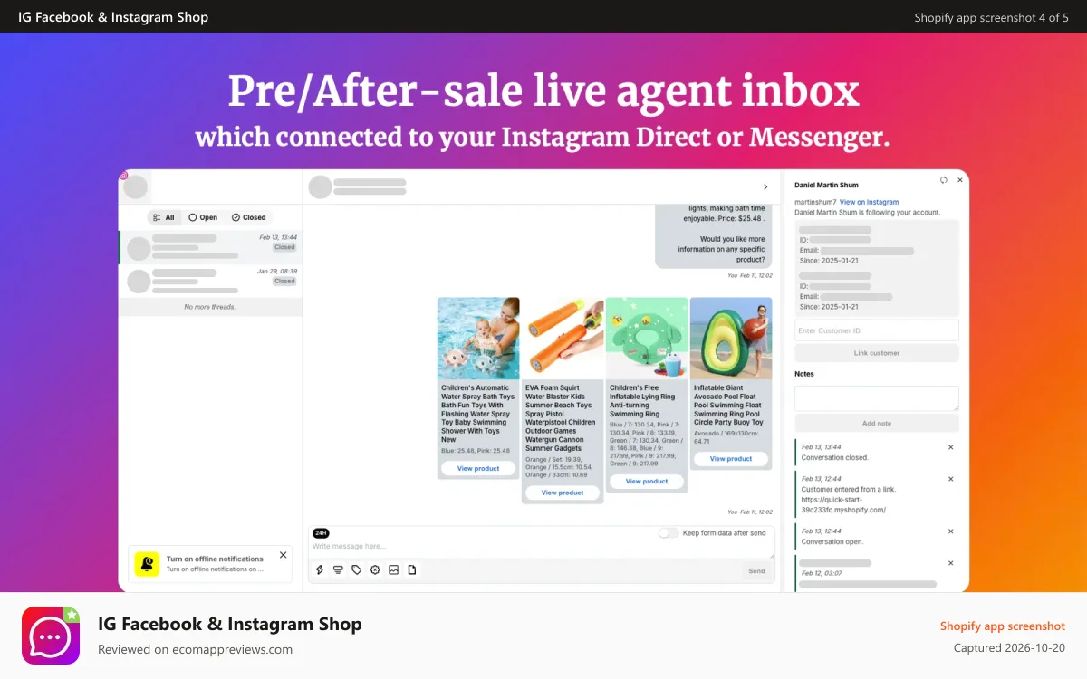 IG Facebook & Instagram Shop Shopify app screenshot: Pre/After sale live agent inbox