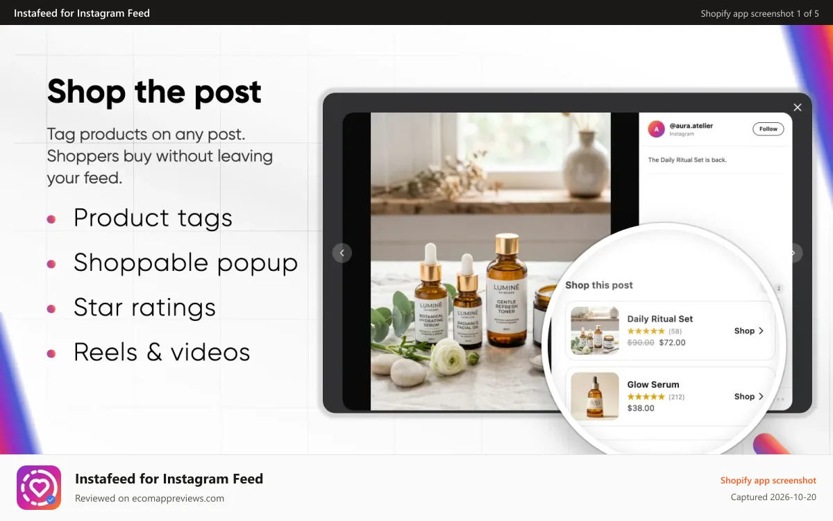 Instafeed for Instagram Feed Shopify app screenshot: shop the post