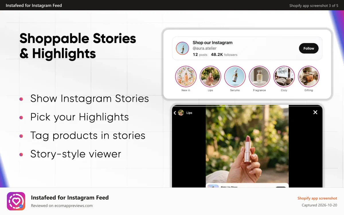 Instafeed for Instagram Feed Shopify app screenshot: shoppable stories and highlights