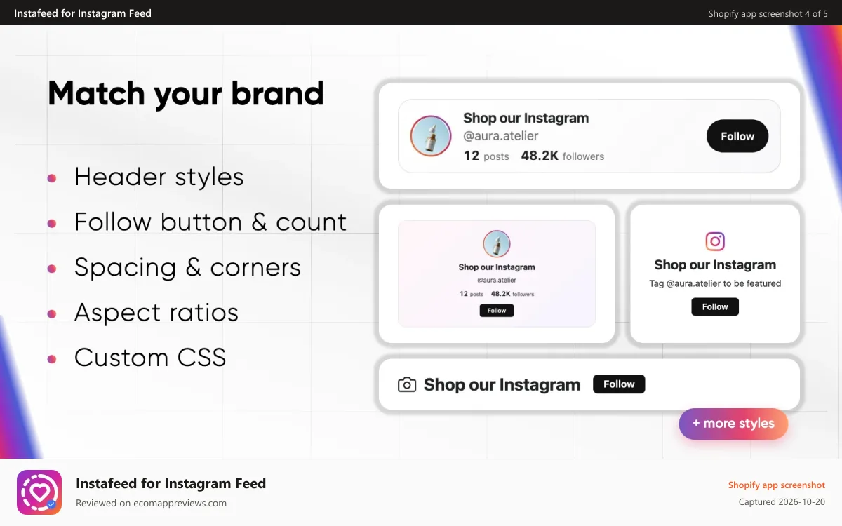 Instafeed for Instagram Feed Shopify app screenshot: customisation options