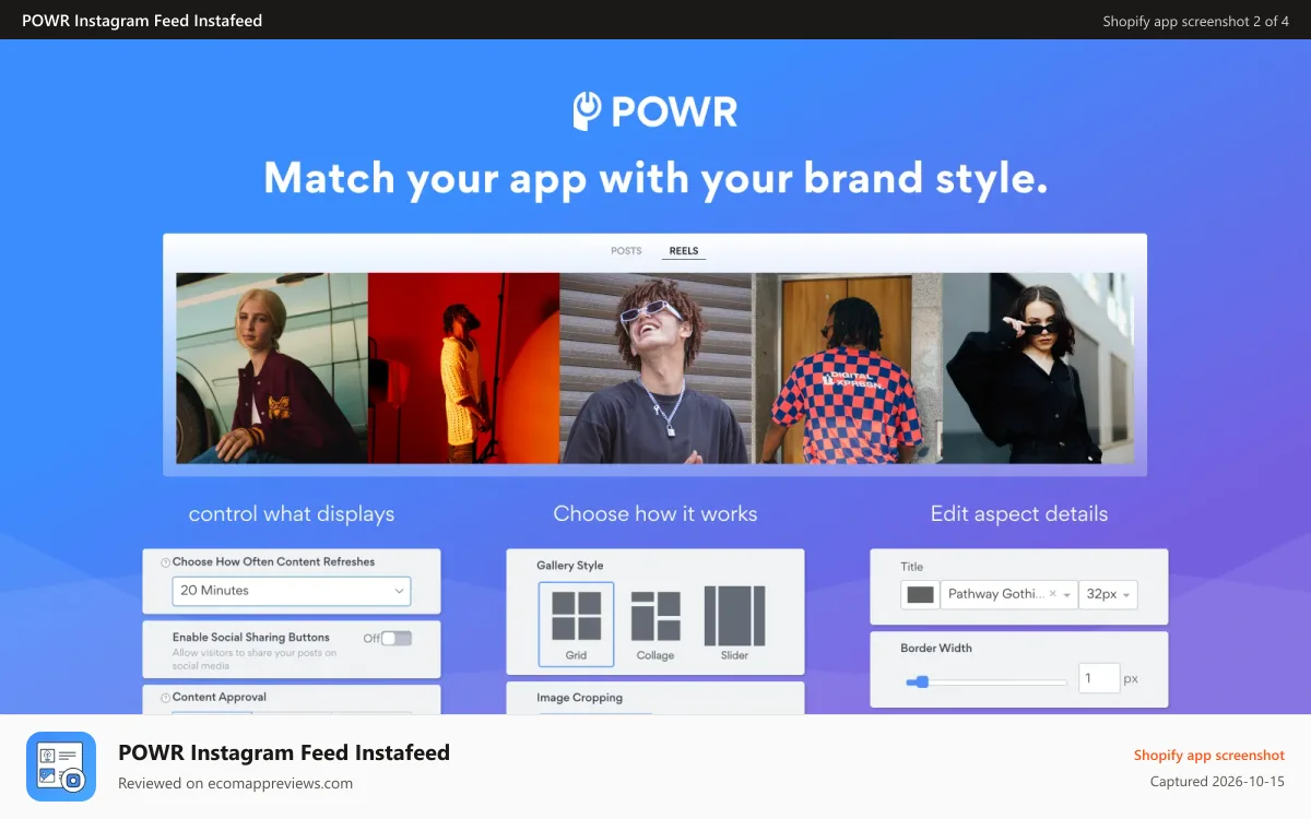 POWR Instagram Feed Instafeed Shopify app screenshot: Customize your social feed layout, elements, colors and fonts.
