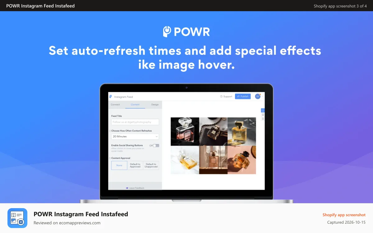 POWR Instagram Feed Instafeed Shopify app screenshot: Auto-refresh your Instagram feed and add image hover effects.