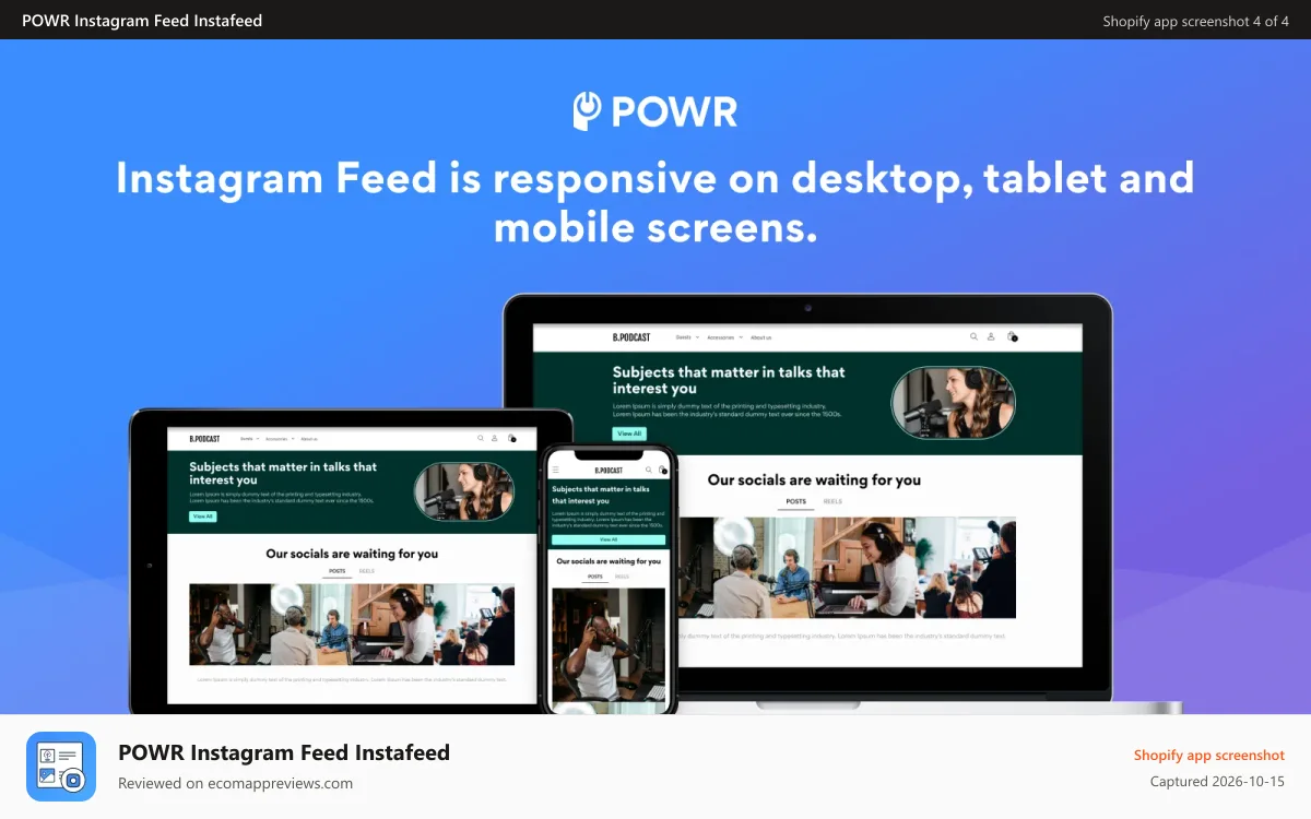 POWR Instagram Feed Instafeed Shopify app screenshot: Instagram feed is responsive on desktop, tablet, and mobile.