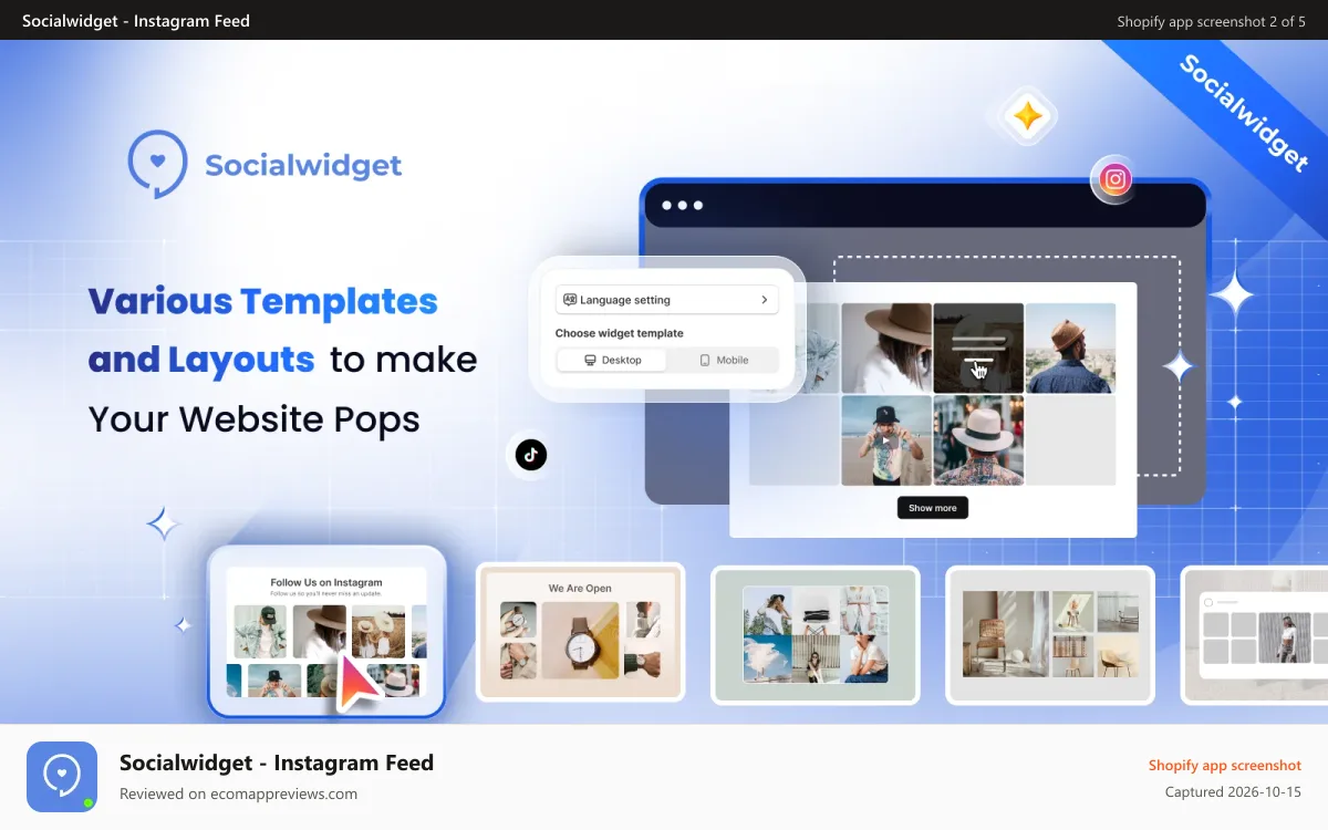 Socialwidget ‑ Instagram Feed Shopify app screenshot: Multiple templates and layouts to make your website pops