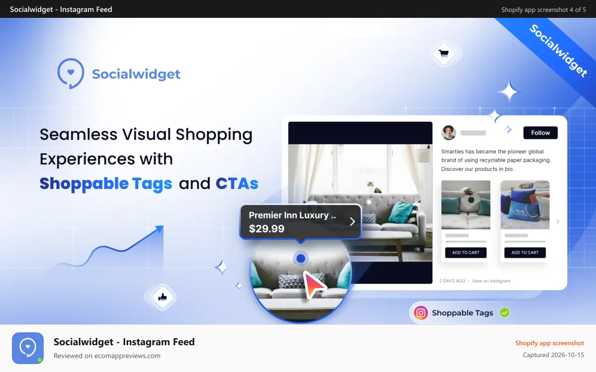 Socialwidget ‑ Instagram Feed Shopify app screenshot: Seamless Shopping Experiences with Shoppable tags and CTAs
