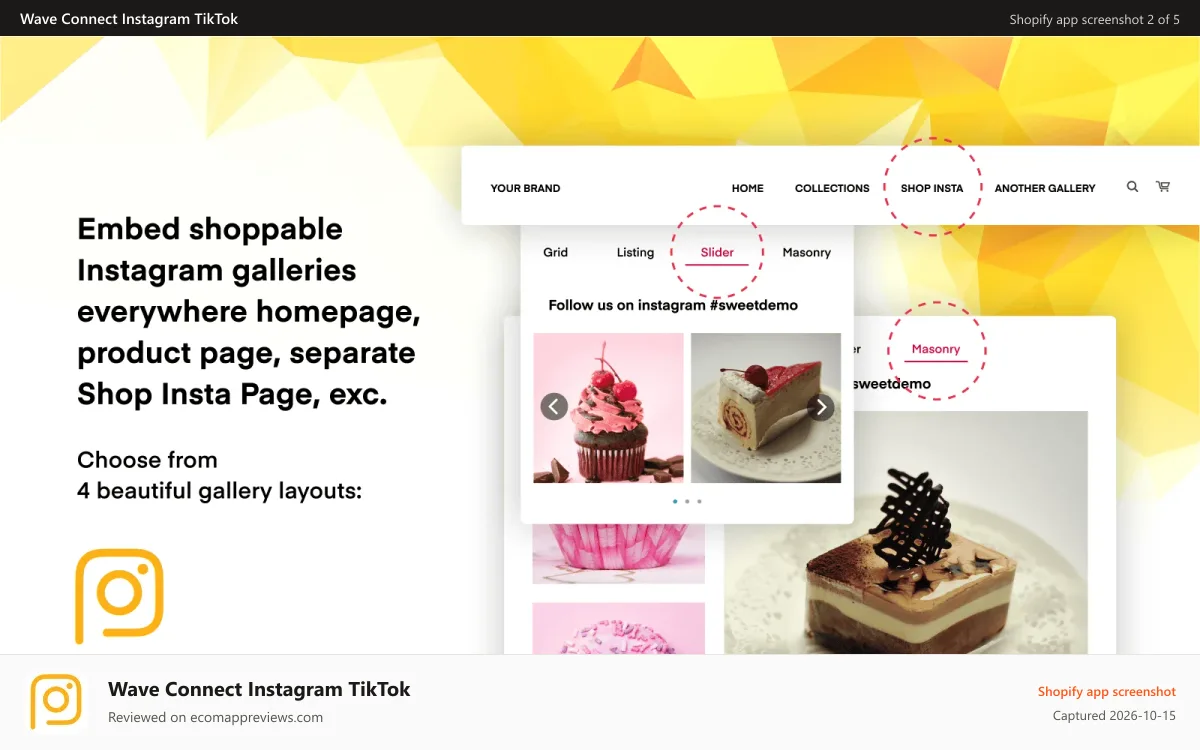 Wave Connect Instagram TikTok Shopify app screenshot: Embed shoppable Instagram galleries