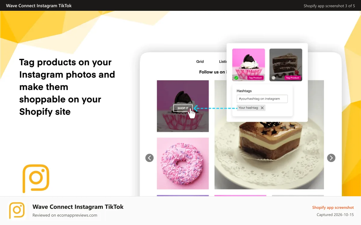 Wave Connect Instagram TikTok Shopify app screenshot: Tag products on Instagram photos