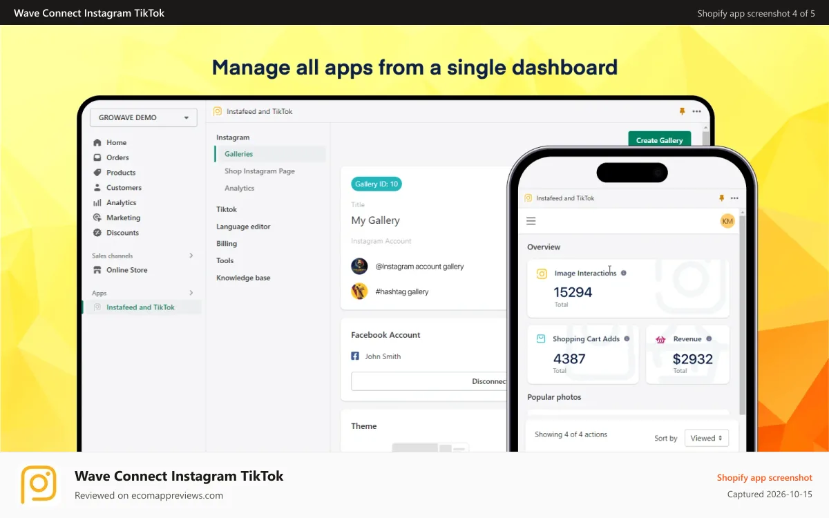 Wave Connect Instagram TikTok Shopify app screenshot: Instagram photos dashboard screenshot on desktop and mobile