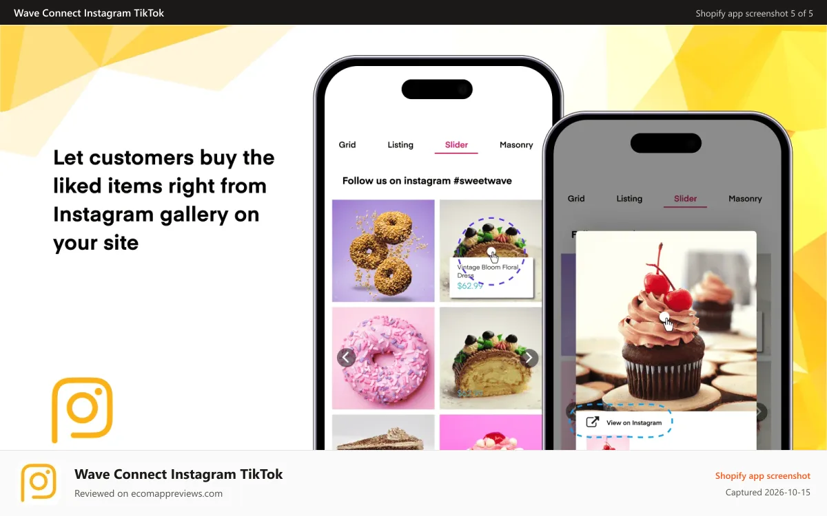 Wave Connect Instagram TikTok Shopify app screenshot: Instant purchase feature for Instagram photos on your website