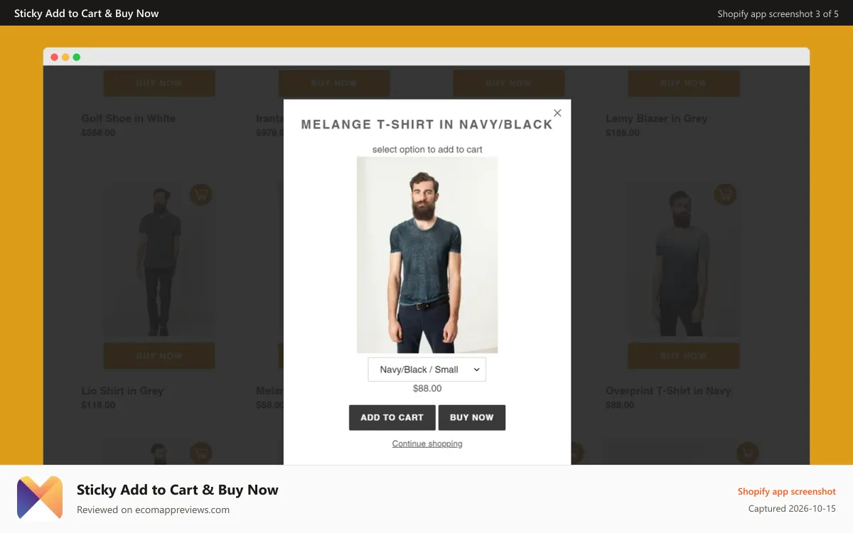 Sticky Add to Cart & Buy Now Shopify app screenshot: variant chooser popup