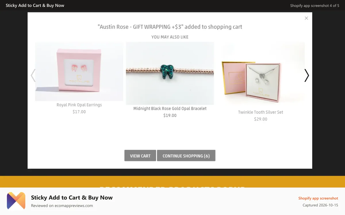 Sticky Add to Cart & Buy Now Shopify app screenshot: recommended product popup