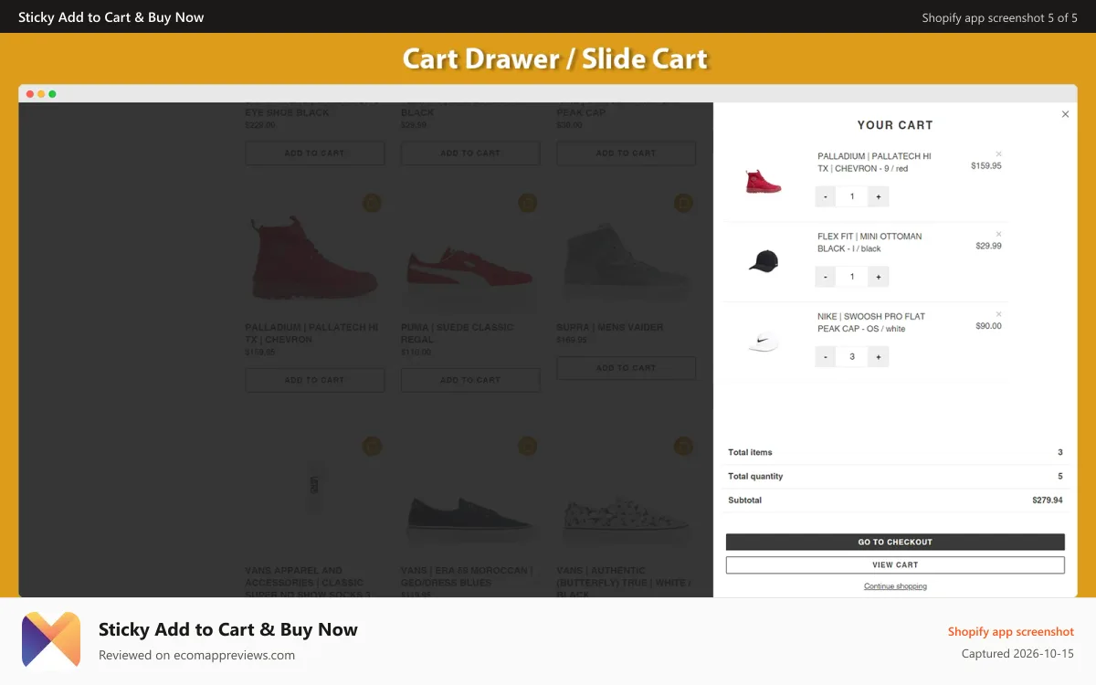 Sticky Add to Cart & Buy Now Shopify app screenshot: cart drawer, slide cart