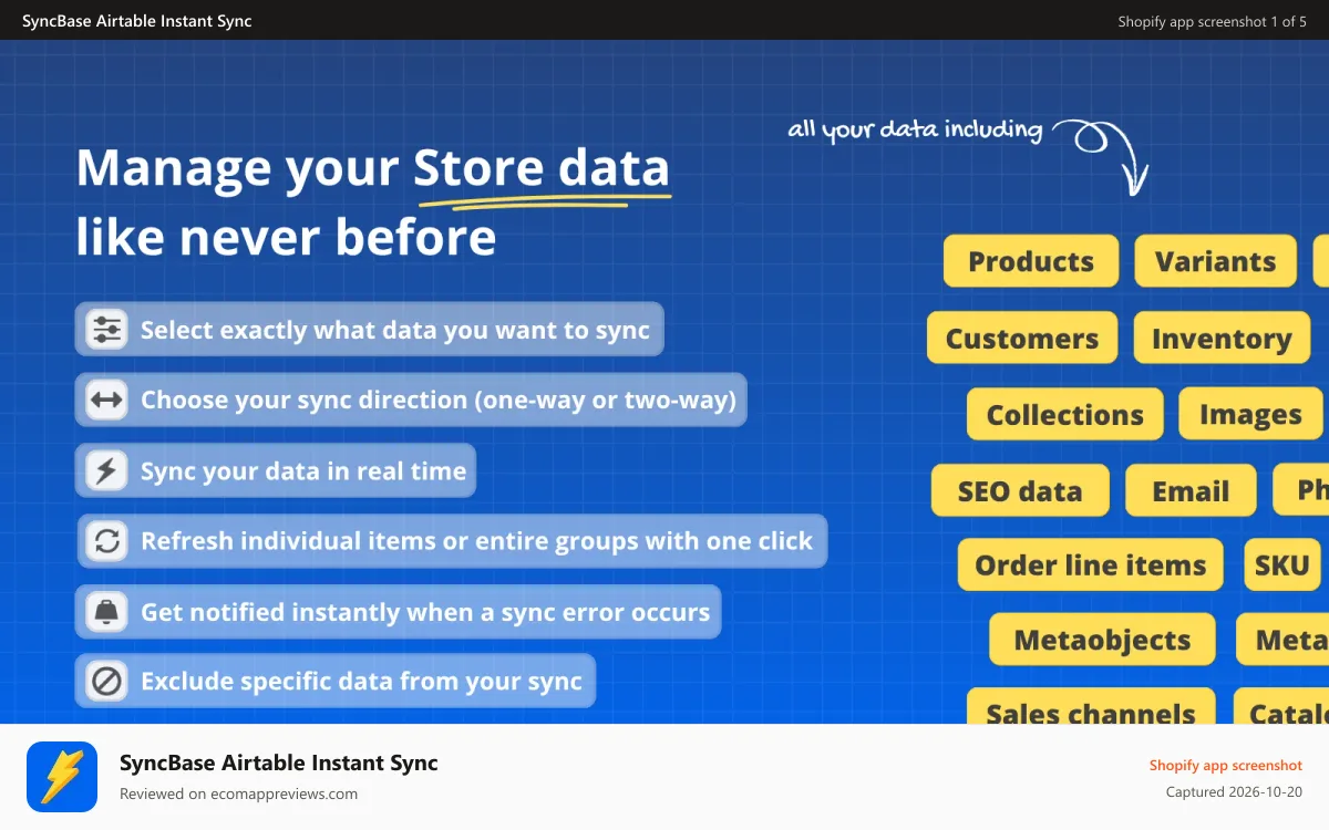 SyncBase Airtable Instant Sync Shopify app screenshot: Manage your Shopify data from Airtable thanks to our integration