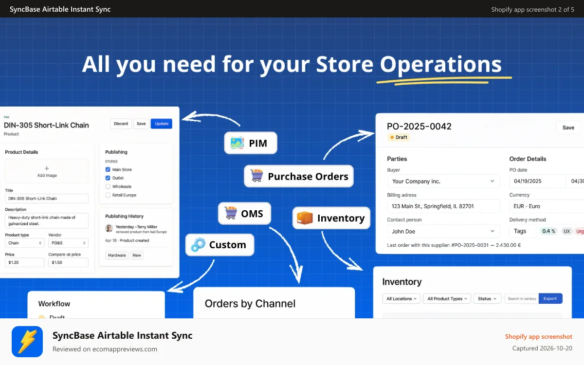 SyncBase Airtable Instant Sync Shopify app screenshot: Manage your Shopify Store Operations like never before