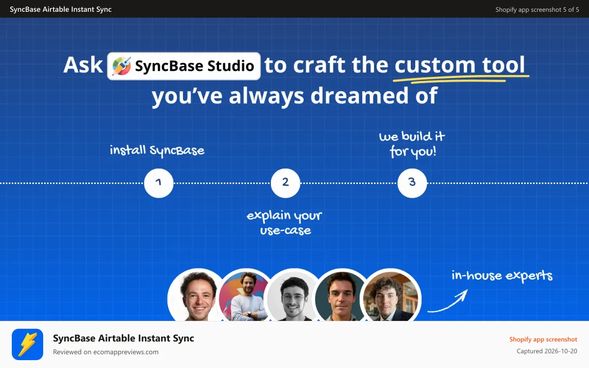 SyncBase Airtable Instant Sync Shopify app screenshot: SyncBase Studio and in-house Airtable experts