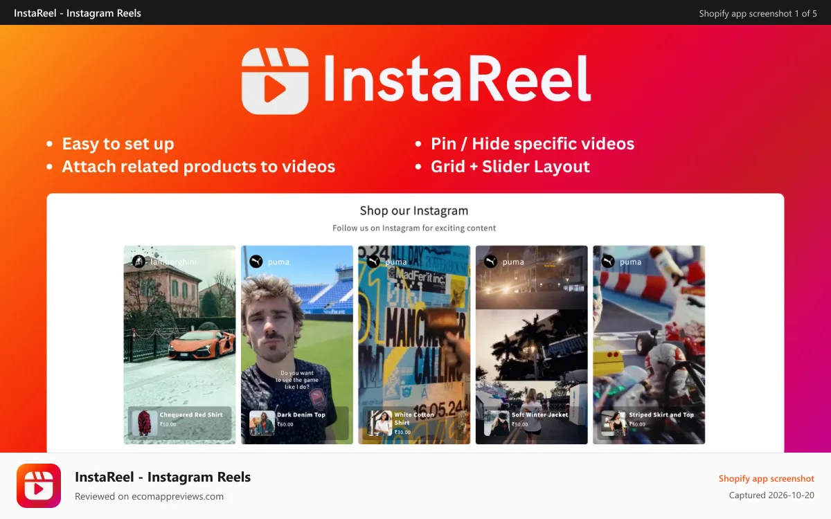 InstaReel ‑ Instagram Reels Shopify app screenshot: Embed Instagram Reels feed using InstaReel