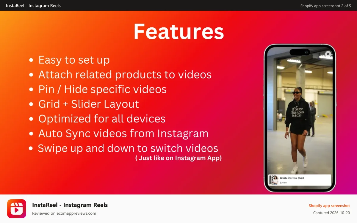 InstaReel ‑ Instagram Reels Shopify app screenshot: Features