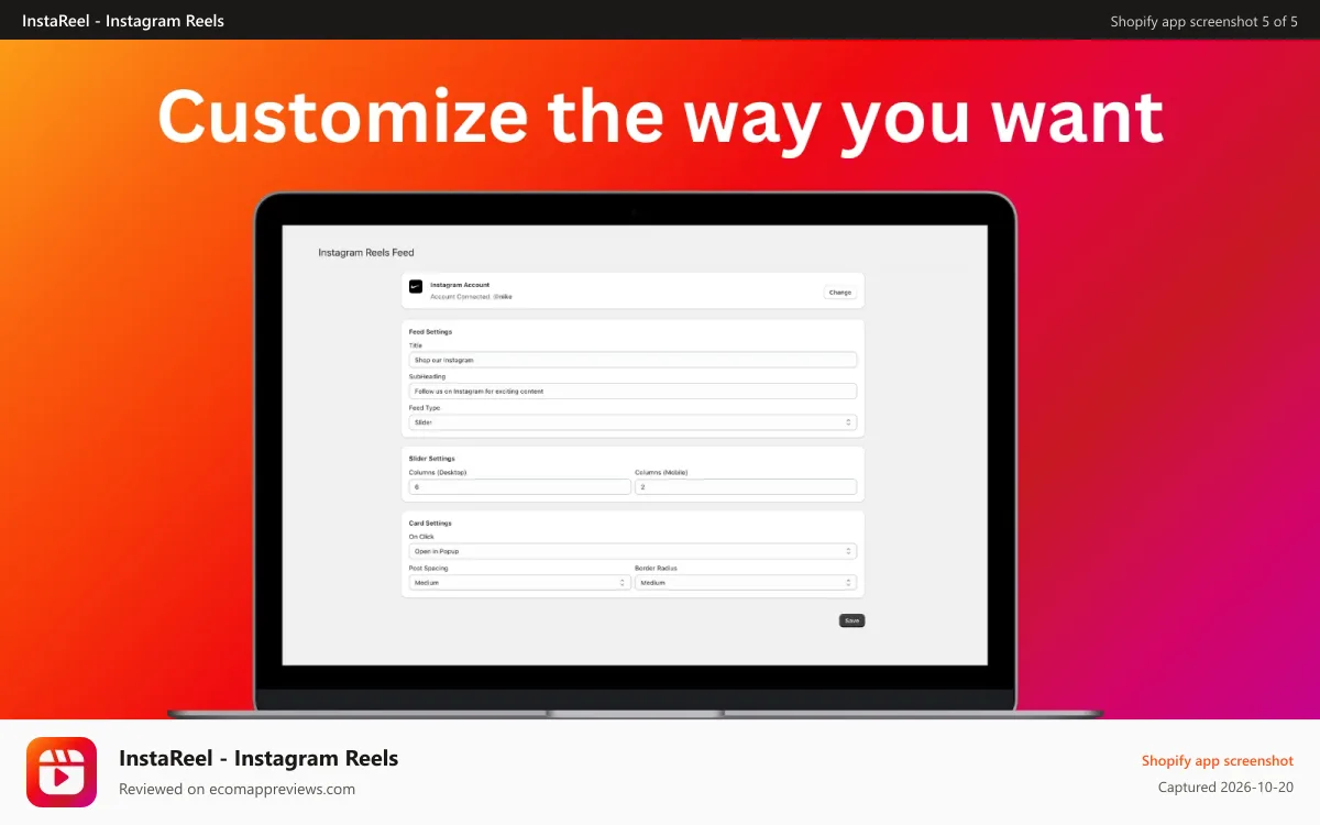 InstaReel ‑ Instagram Reels Shopify app screenshot: Customize the feed the way you want