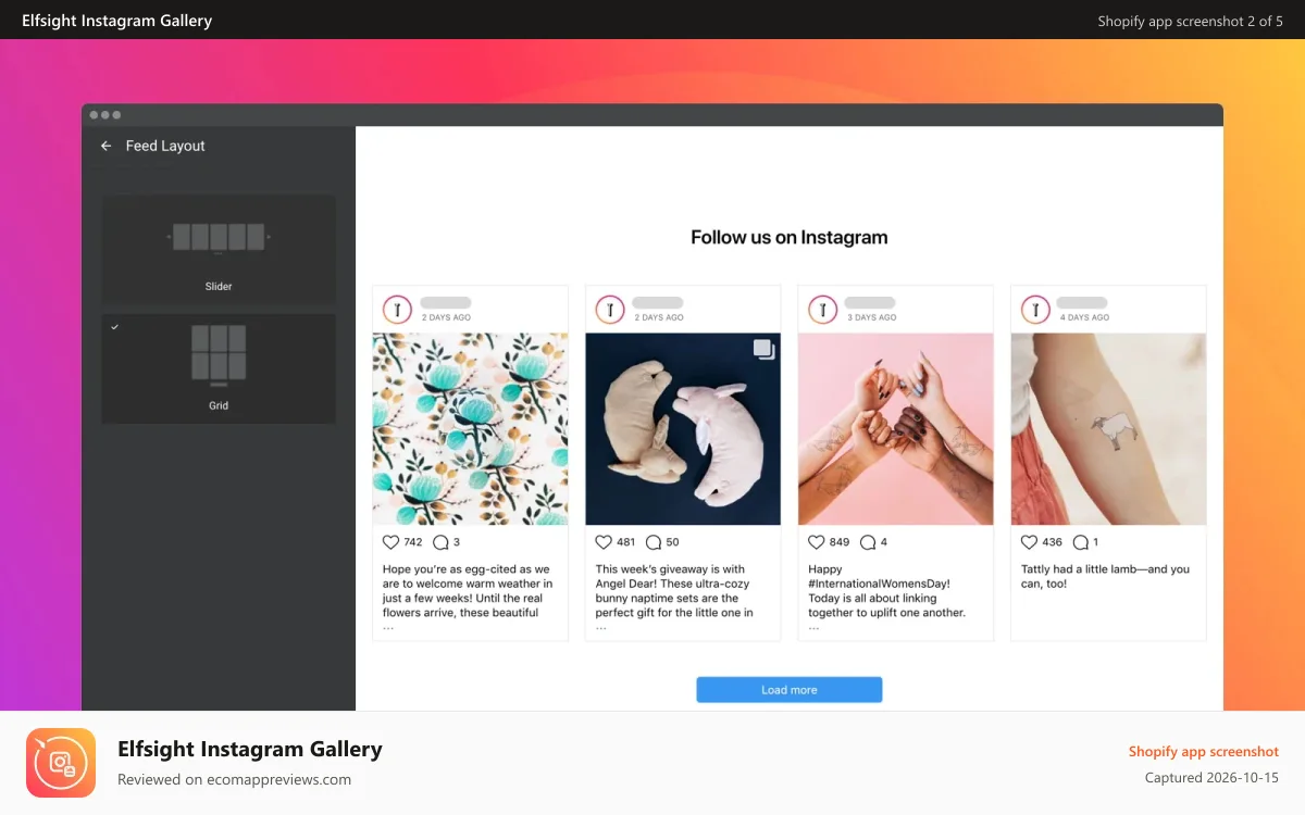 Elfsight Instagram Gallery Shopify app screenshot: Choose slider or grid layout for the Instagram feed