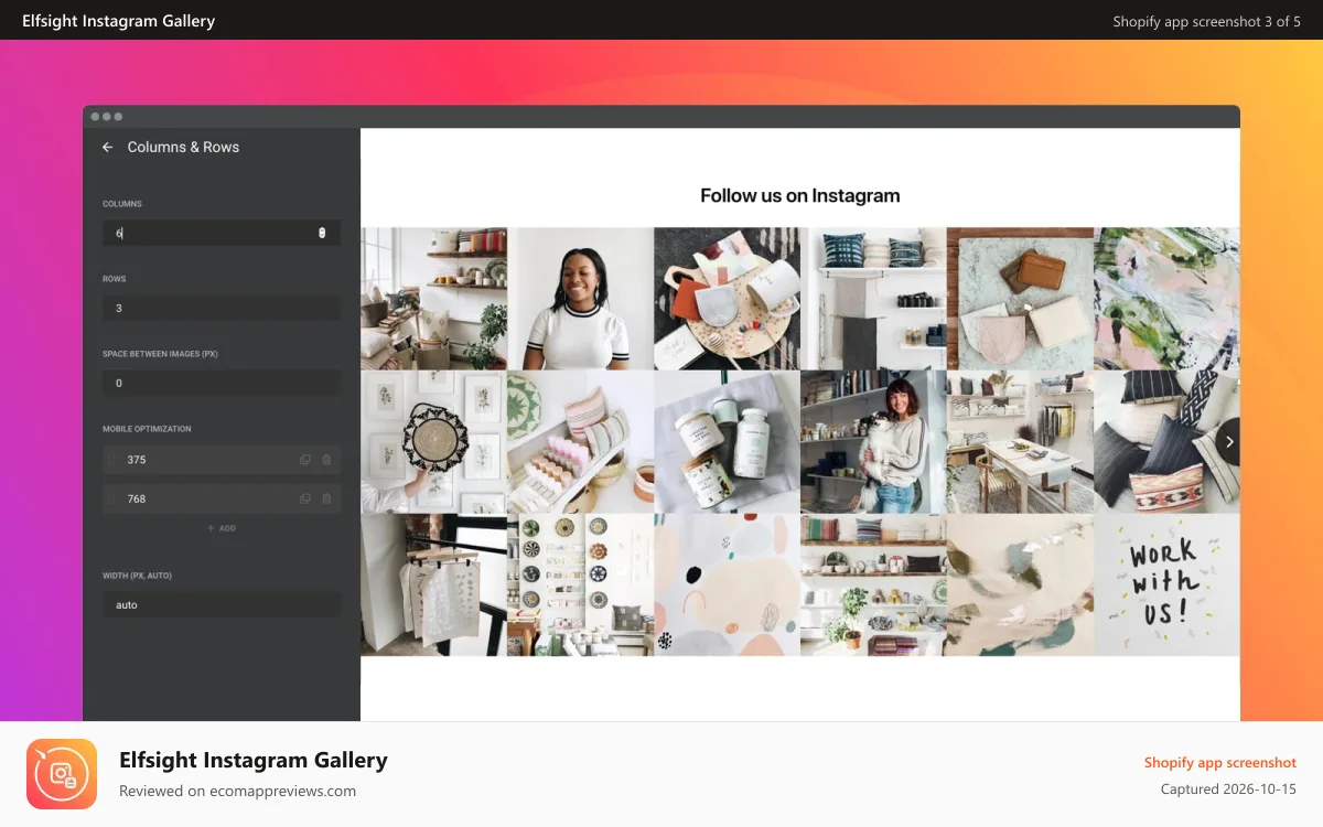 Elfsight Instagram Gallery Shopify app screenshot: Set the number of columns and rows of the Instagram grid