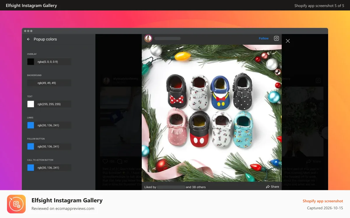 Elfsight Instagram Gallery Shopify app screenshot: Select the colors for Instagram popup elements