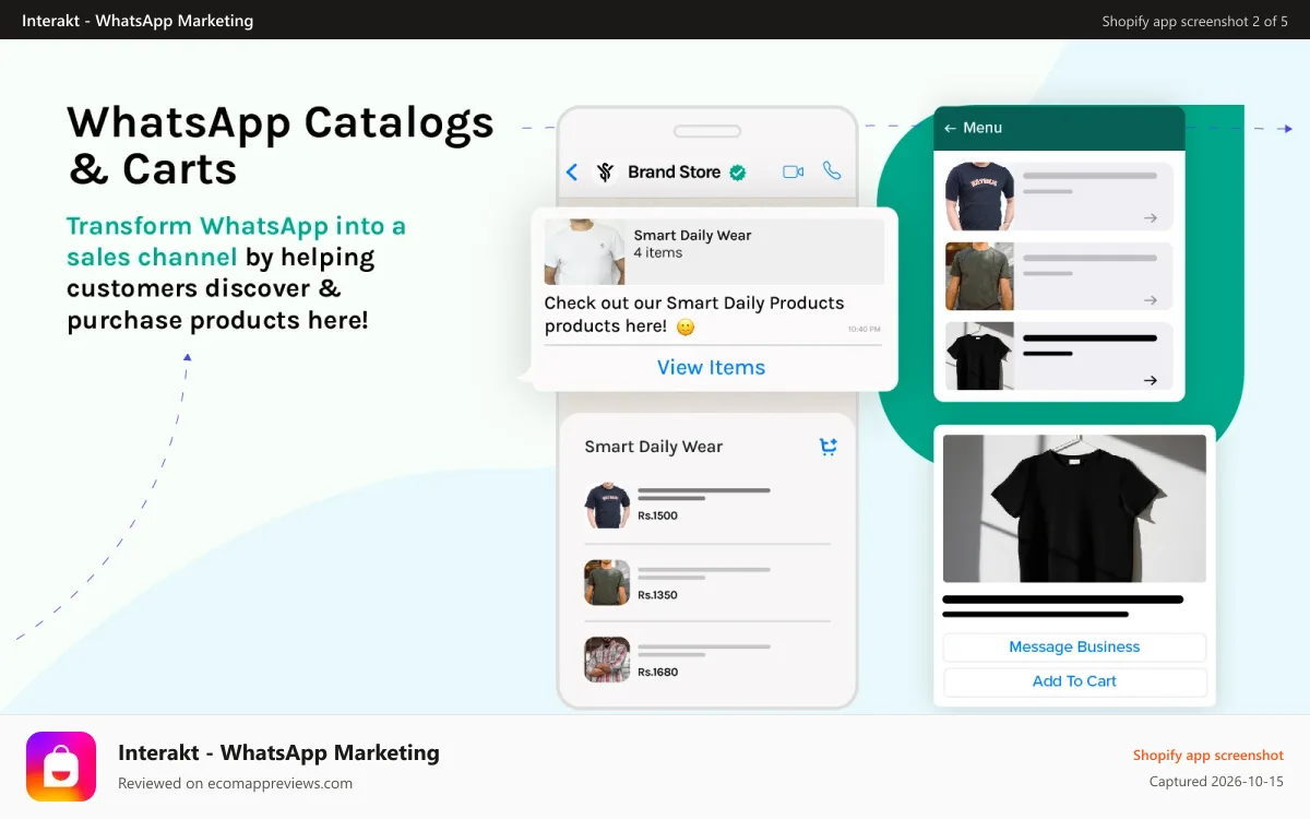 Interakt ‑ WhatsApp Marketing Shopify app screenshot: Send Catalogs on WhatsApp Chat