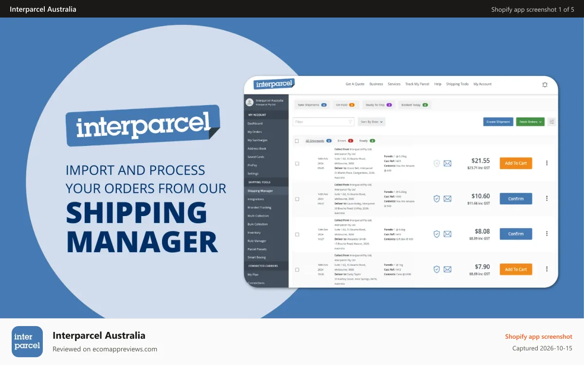 Interparcel Australia Shopify app screenshot: Import and Process Your Orders From Our Shipping Manager