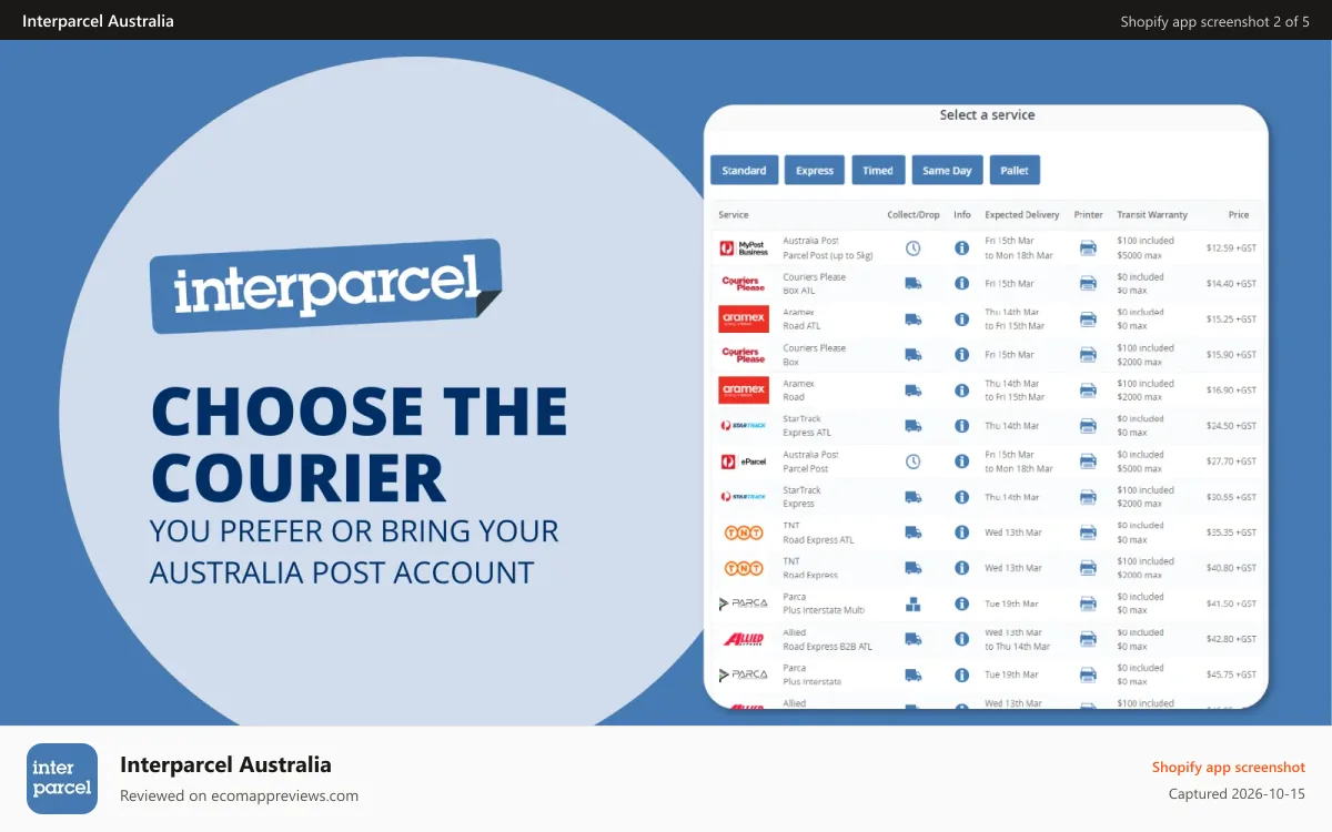 Interparcel Australia Shopify app screenshot: Choose The Courier You Prefer or BYO Australia Post Account