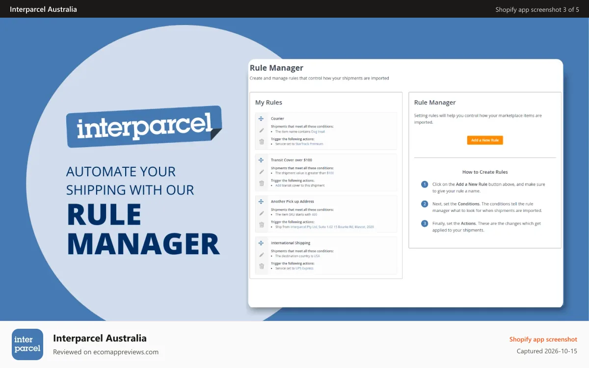 Interparcel Australia Shopify app screenshot: Automate Your Shipping With Our Rule Manager