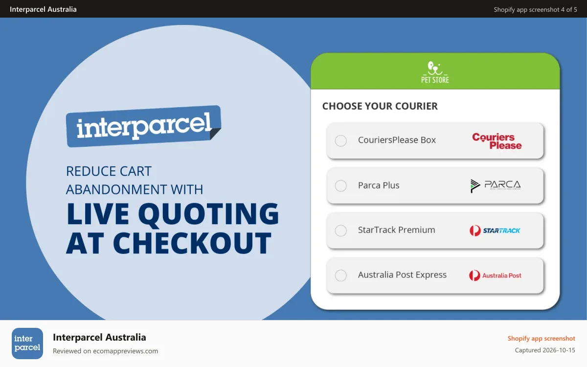 Interparcel Australia Shopify app screenshot: Reduce Cart Abandonment With Live Quoting at Checkout
