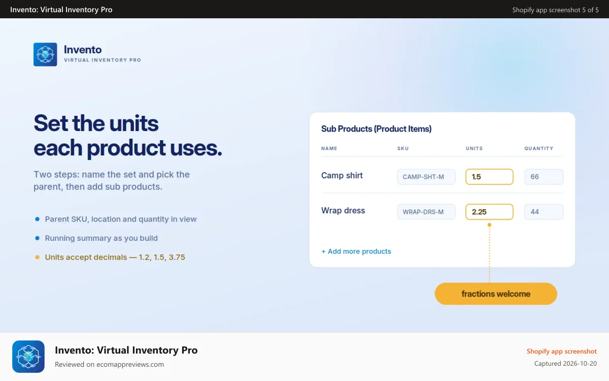 Invento: Virtual Inventory Pro Shopify app screenshot: Units