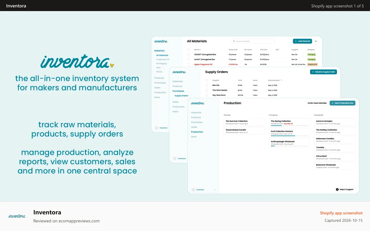 Inventora Shopify app screenshot: Inventora: The all-in-one system for makers and manufacturers