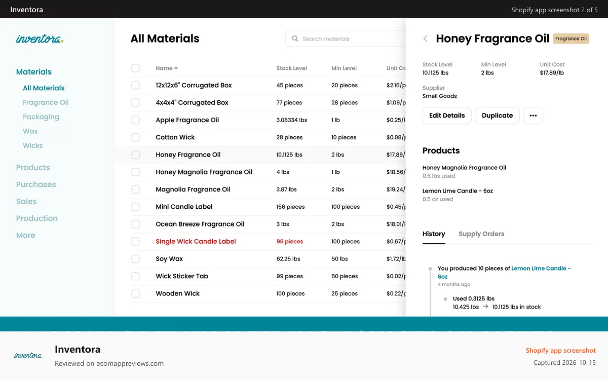 Inventora Shopify app screenshot: Manage raw materials