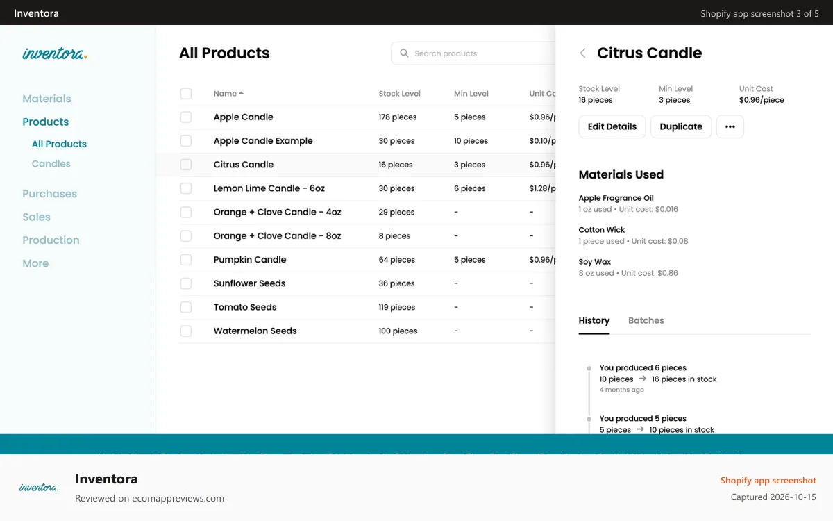 Inventora Shopify app screenshot: Automatic COGS calculation