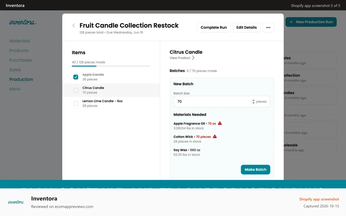 Inventora Shopify app screenshot: Manage production