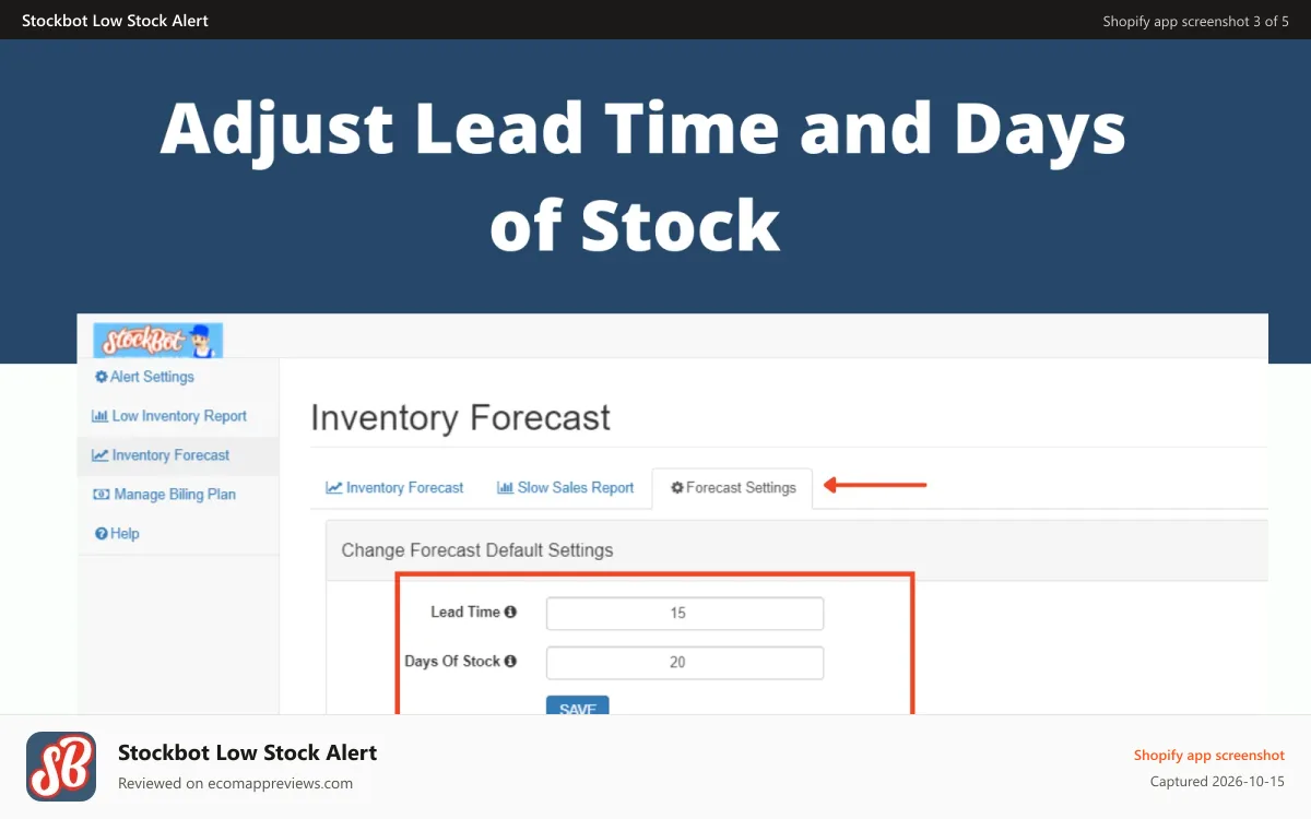 Stockbot Low Stock Alert Shopify app screenshot: lead time and days of stock