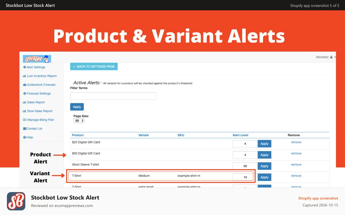 Stockbot Low Stock Alert Shopify app screenshot: low inventory alerts