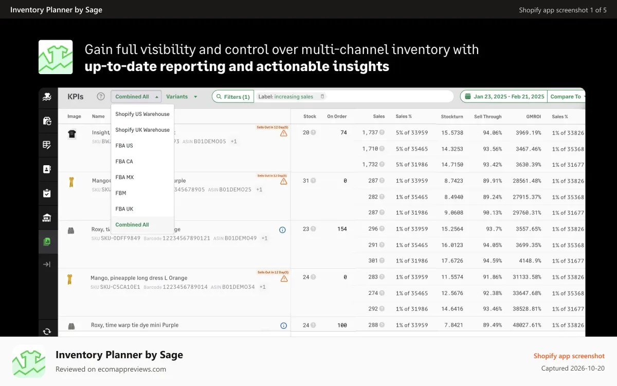 Inventory Planner by Sage Shopify app screenshot: Gain full visibility over multi-channel inventory