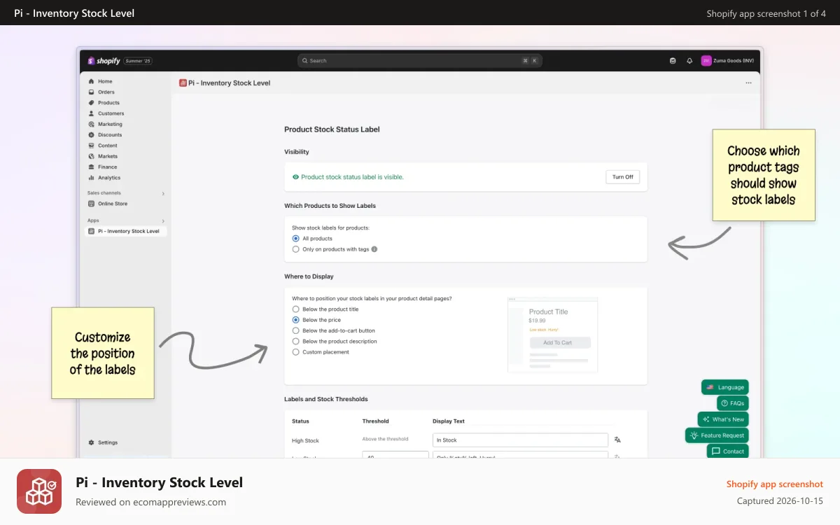 Pi ‑ Inventory Stock Level Shopify app screenshot: Use tags to decide exactly which products display stock status.