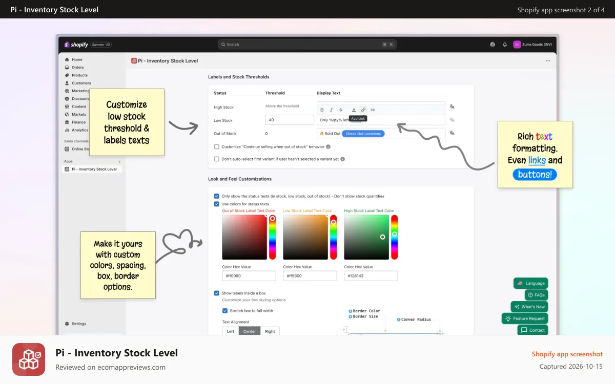 Pi ‑ Inventory Stock Level Shopify app screenshot: Add links & buttons to your labels. More engagement and converts