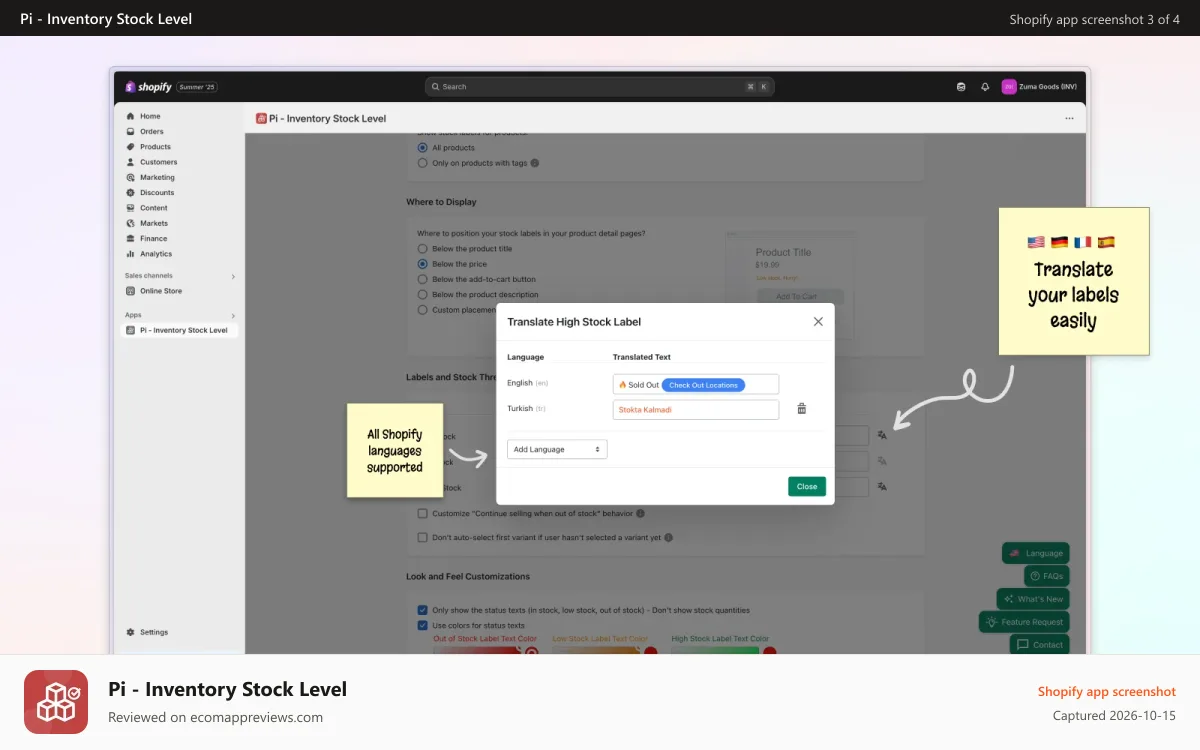 Pi ‑ Inventory Stock Level Shopify app screenshot: Translate stock labels to reach global audiences.