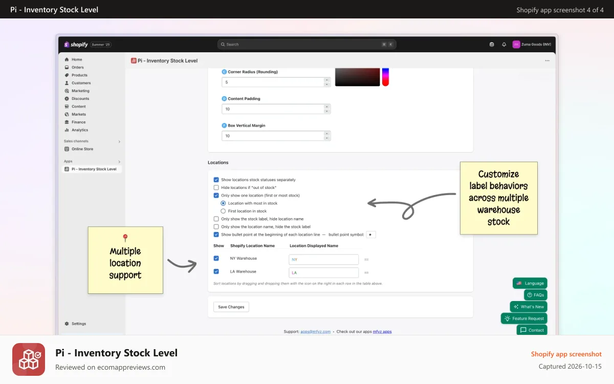 Pi ‑ Inventory Stock Level Shopify app screenshot: Multi-Warehouse Stock Display. Show inventory per location.