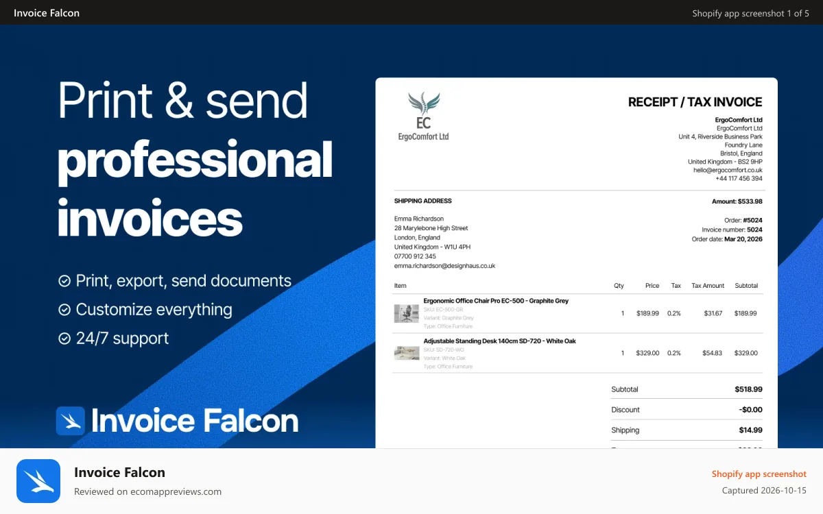 Invoice Falcon Shopify app screenshot: Print, download and send invoices with Invoice Falco