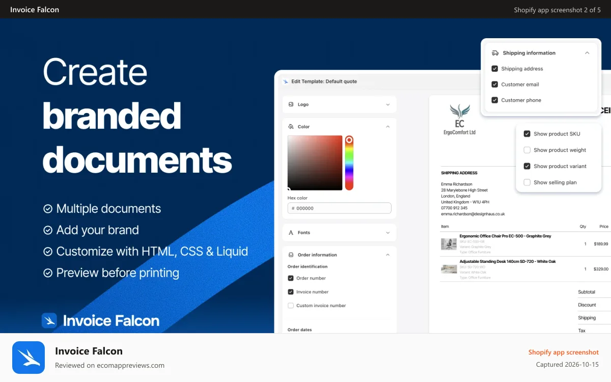 Invoice Falcon Shopify app screenshot: Create & customize documents