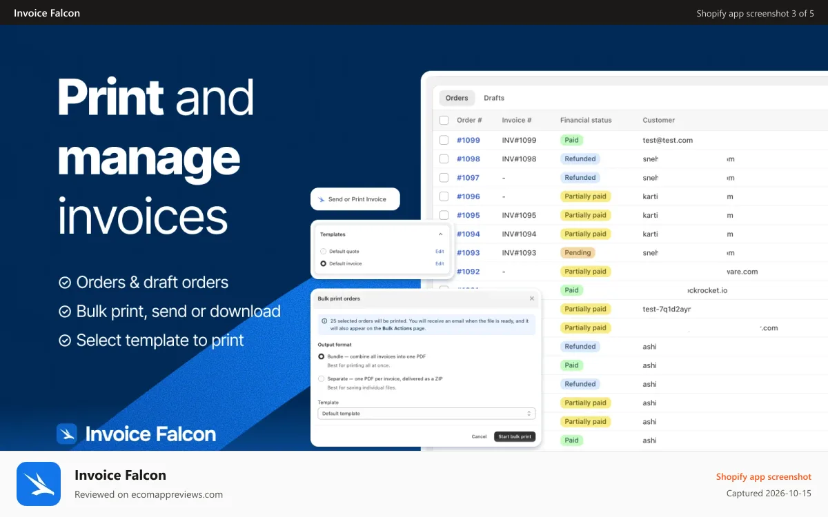 Invoice Falcon Shopify app screenshot: Print and manage invoices or other documents in bulk