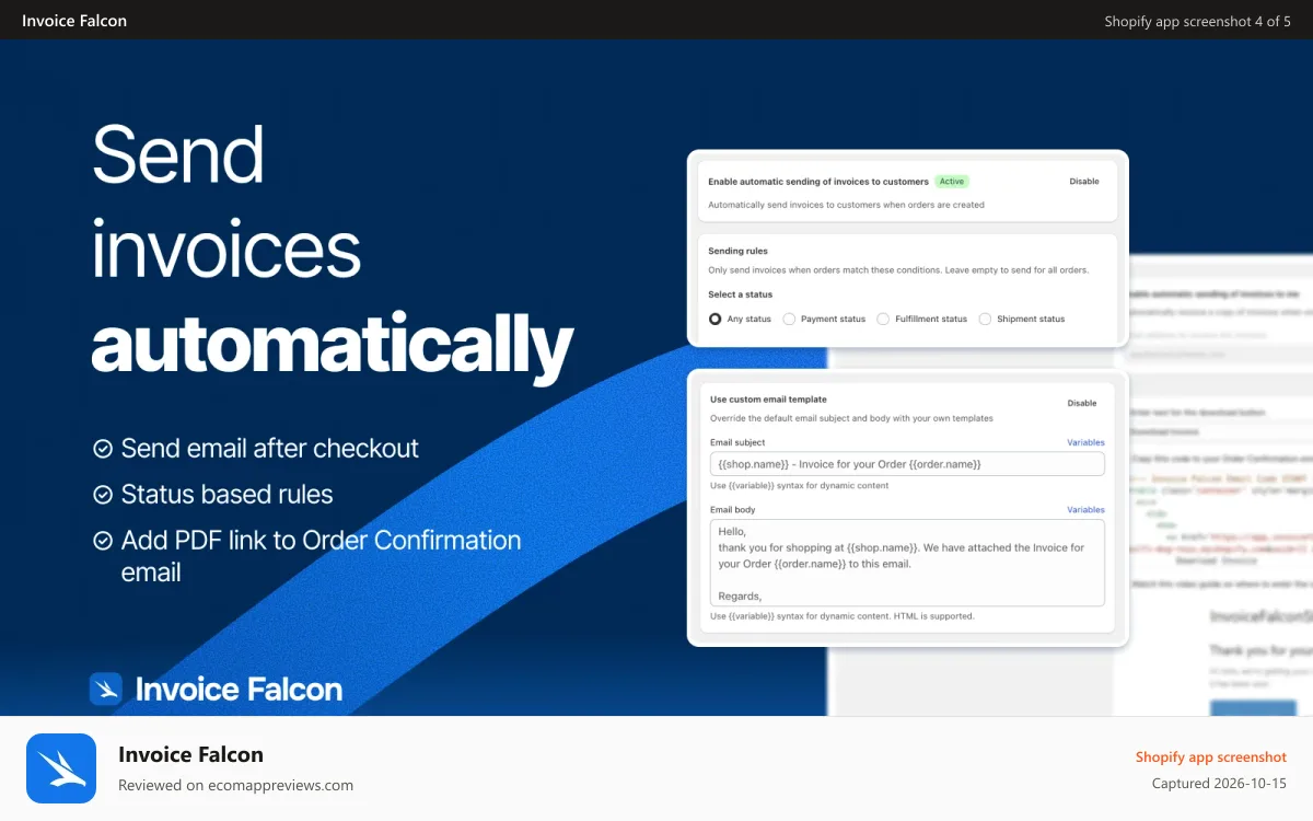 Invoice Falcon Shopify app screenshot: Send invoices to customers automatically after checkout