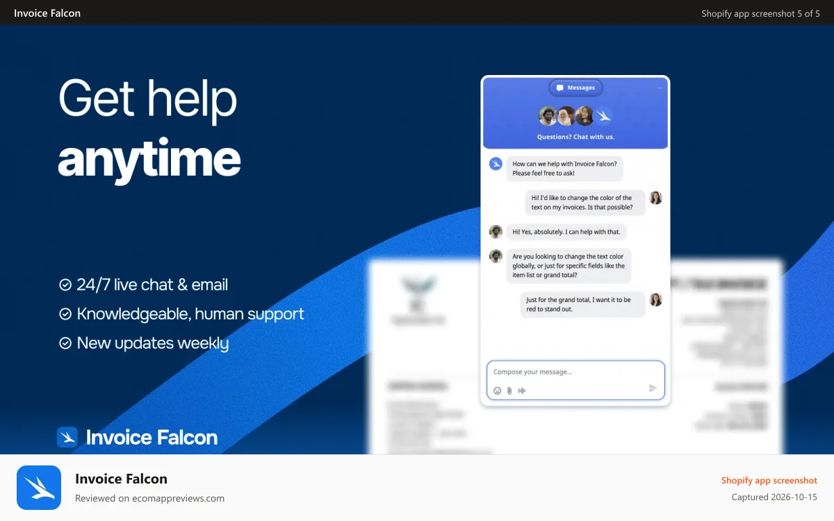Invoice Falcon Shopify app screenshot: Get 24/7 help with customization & app setup